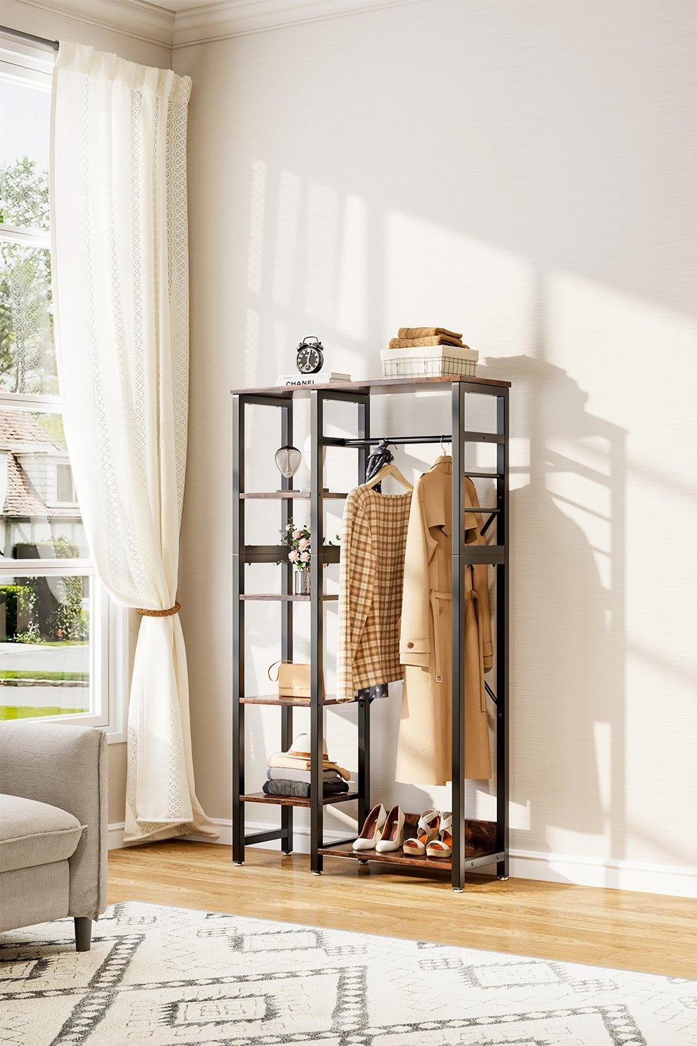 5 Tiers Rustic Brown Clothes Rack with Storage Shelves