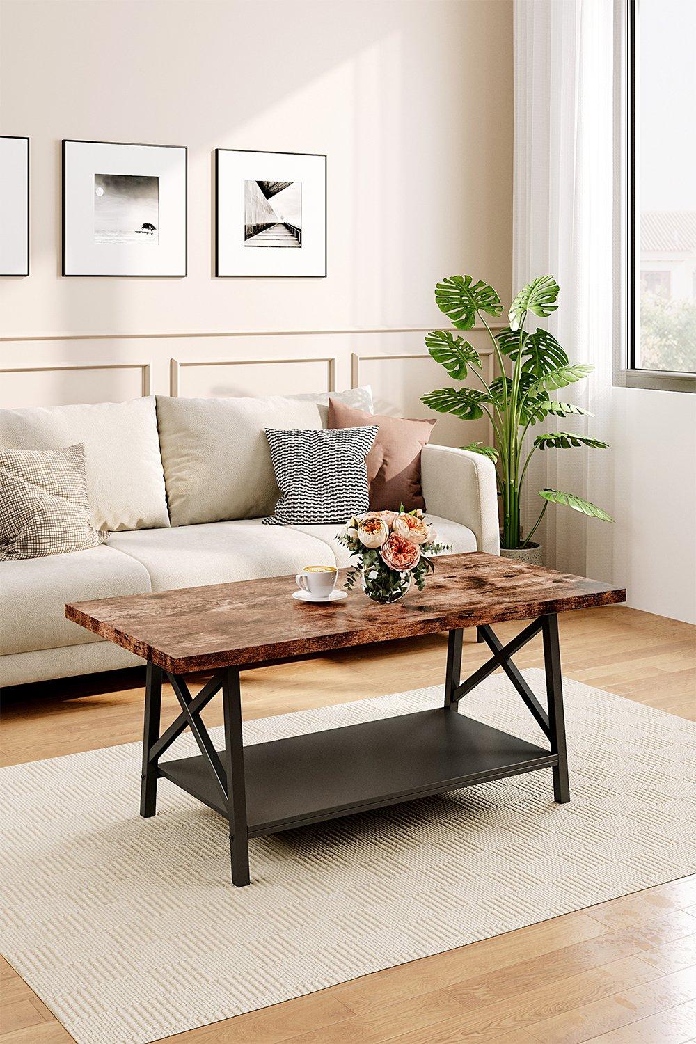 2-Tier Industrial Style Coffee Tea Table with Storage Shelf