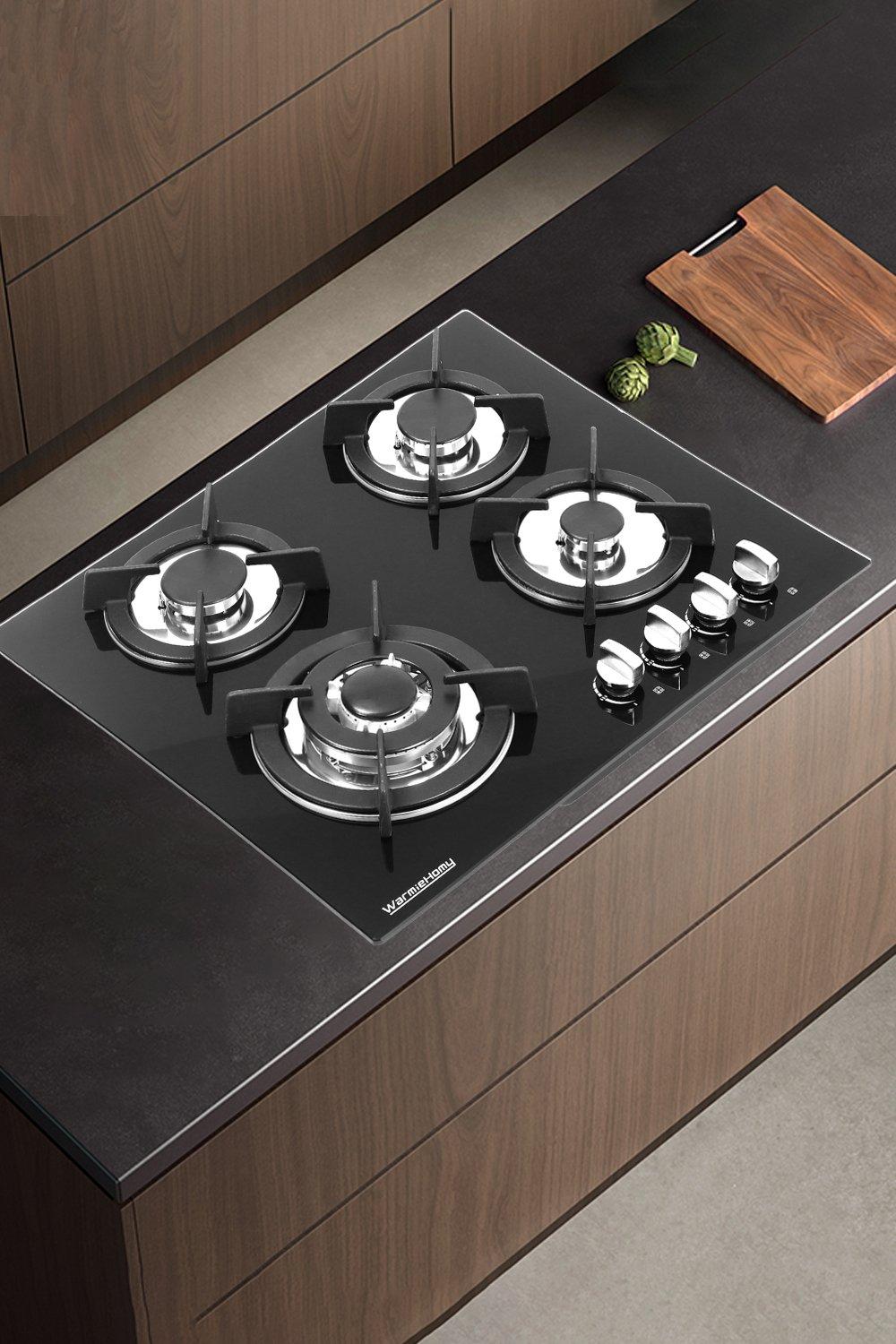 4-Burner Gas Cooktop with Cast Iron Pan Stands Stainless Steel & Black Tempered Glass Top(56 x 48 cm