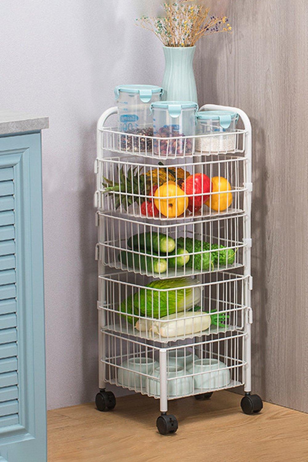 5-Layer Iron Wire Rotating Trolley Cart Scalable Spice Rack Vegetable Fruit Storage Basket Organizer