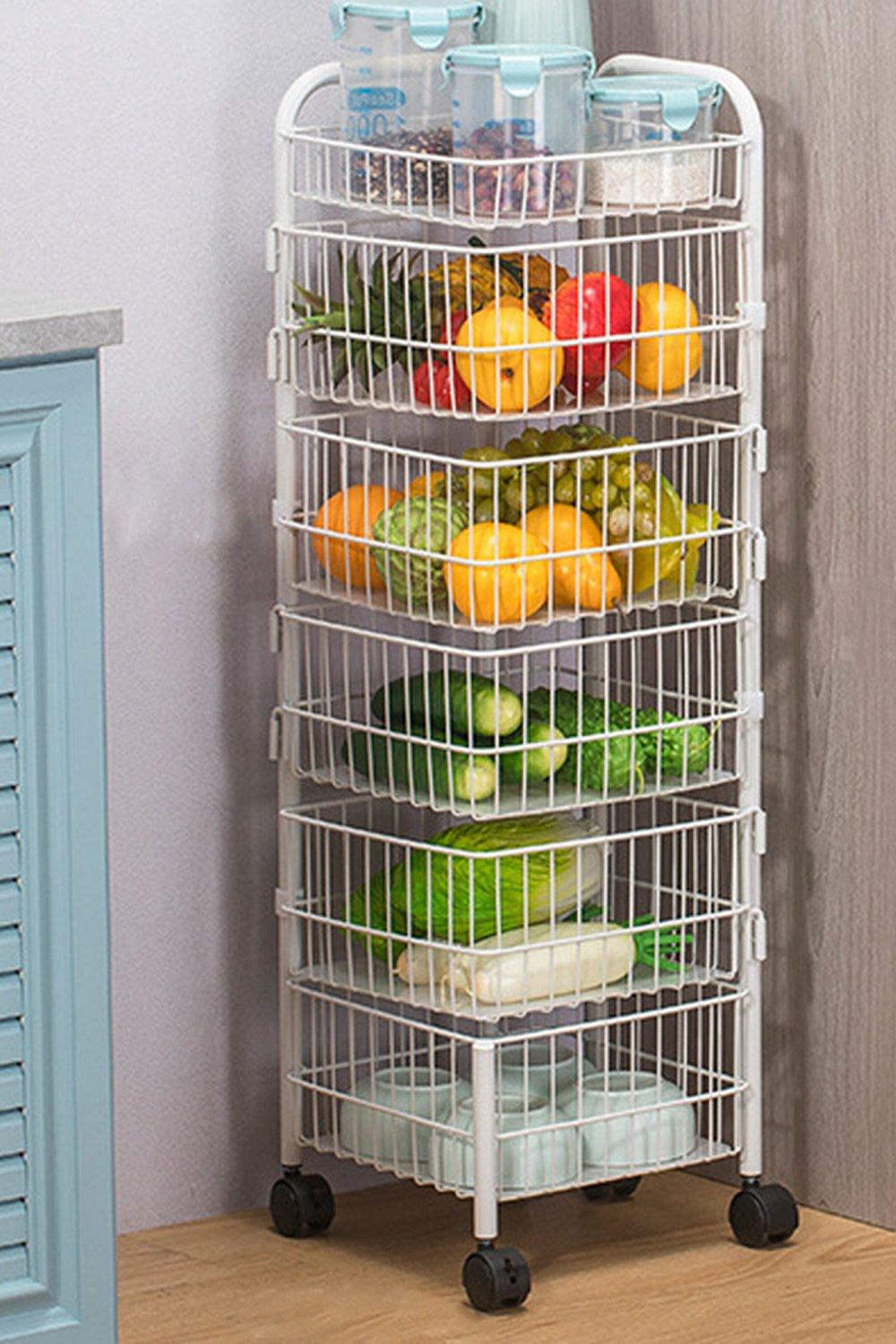 5-Layer Iron Wire Rotating Trolley Cart Scalable Spice Rack Vegetable Fruit Storage Basket Organizer
