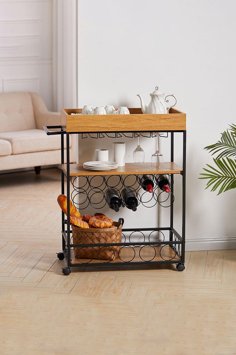 81x40x94cm Metallic Rolling Serving Bar Cart with Wine Rack and Glass Cup Holder