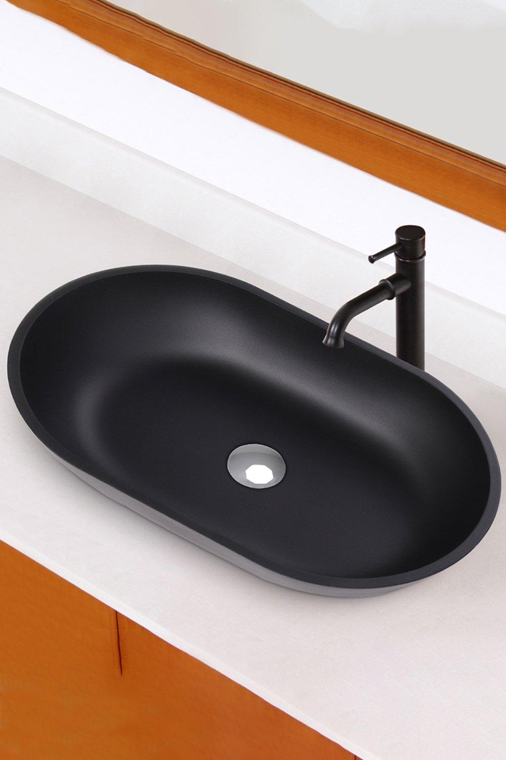 Oval Black Ceramic Vessel Bathroom Sink Drain Set