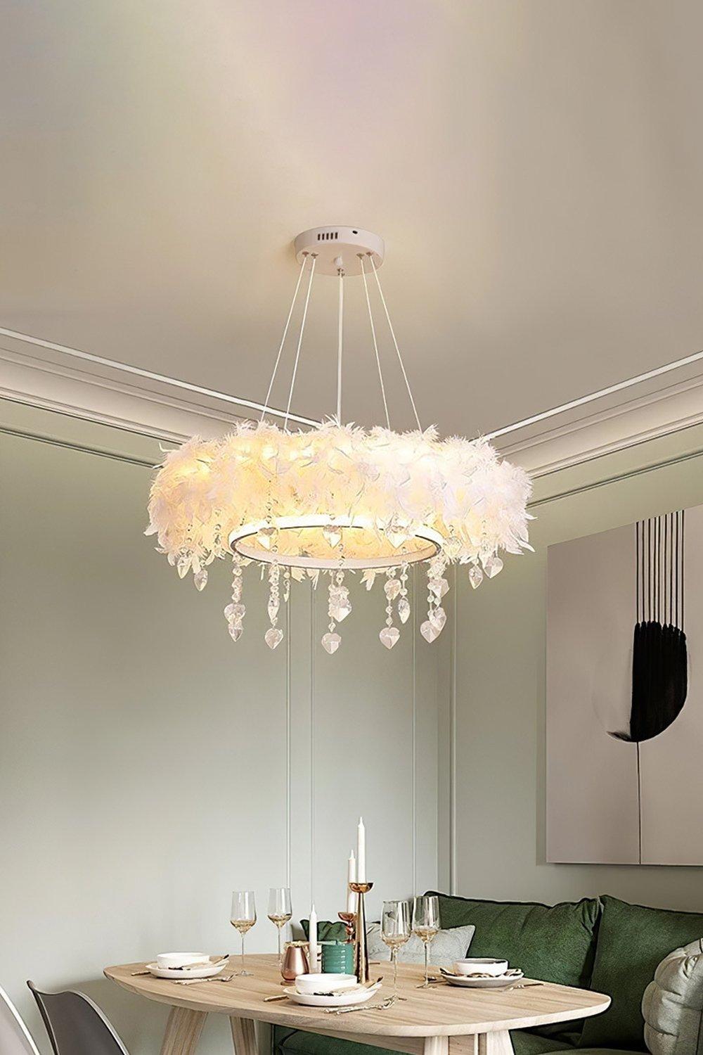 Double-Layer Feather LED Chandelier Light with Crystal Pendants