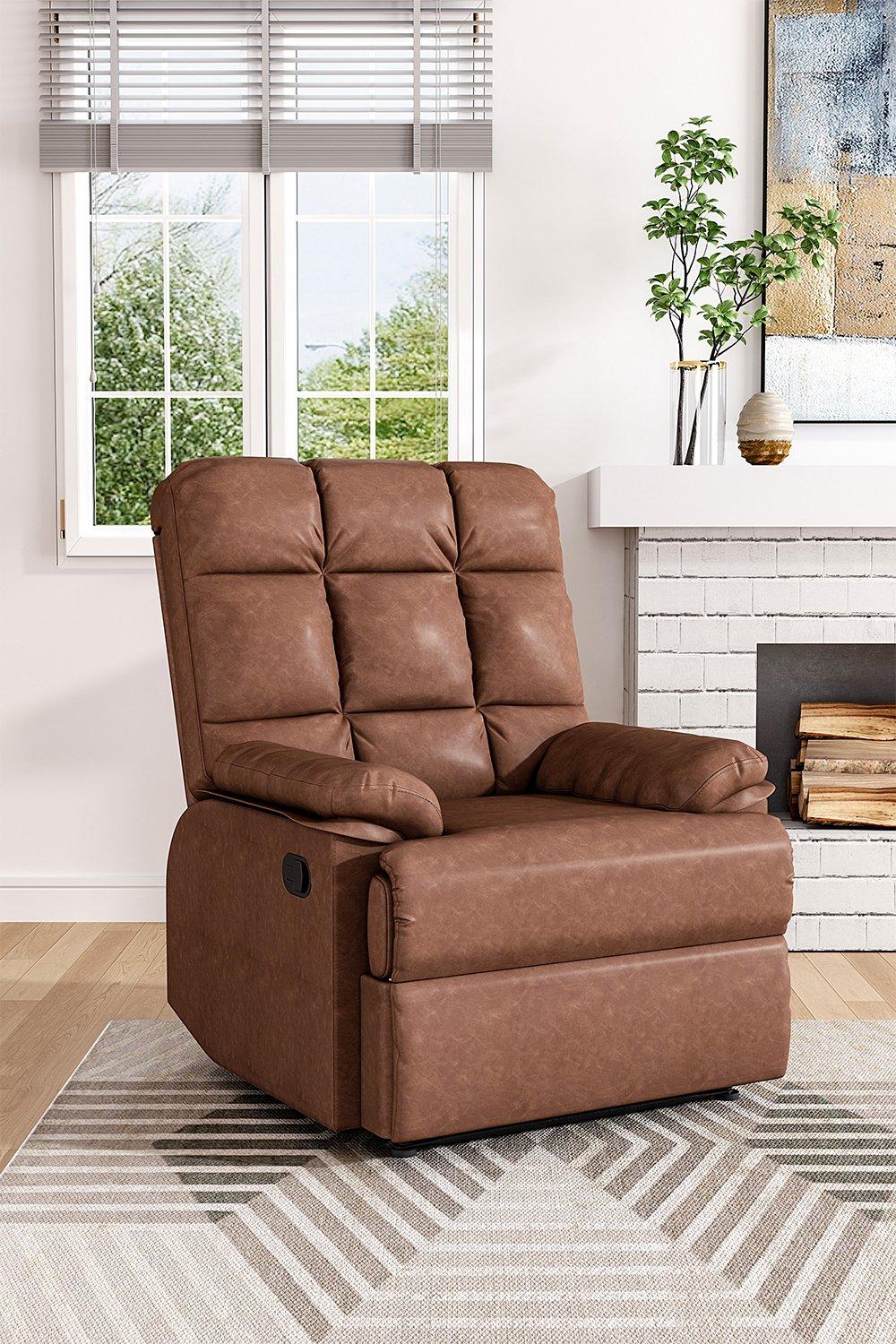 Brown Checkered Faux Leather Upholstered Recliner Armchair