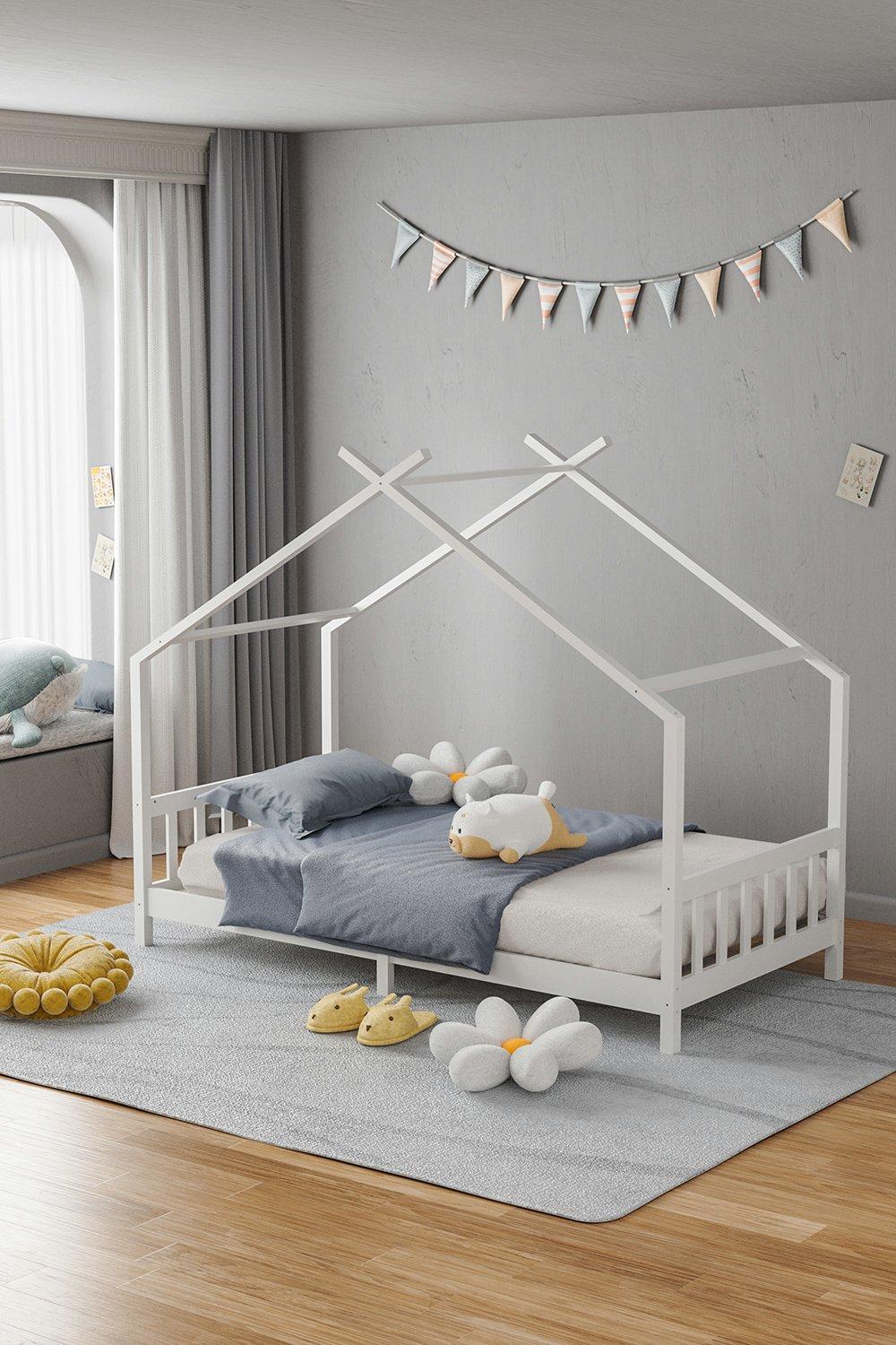 Nordic Pine Wood House Single Bed Frame with Roof for Child
