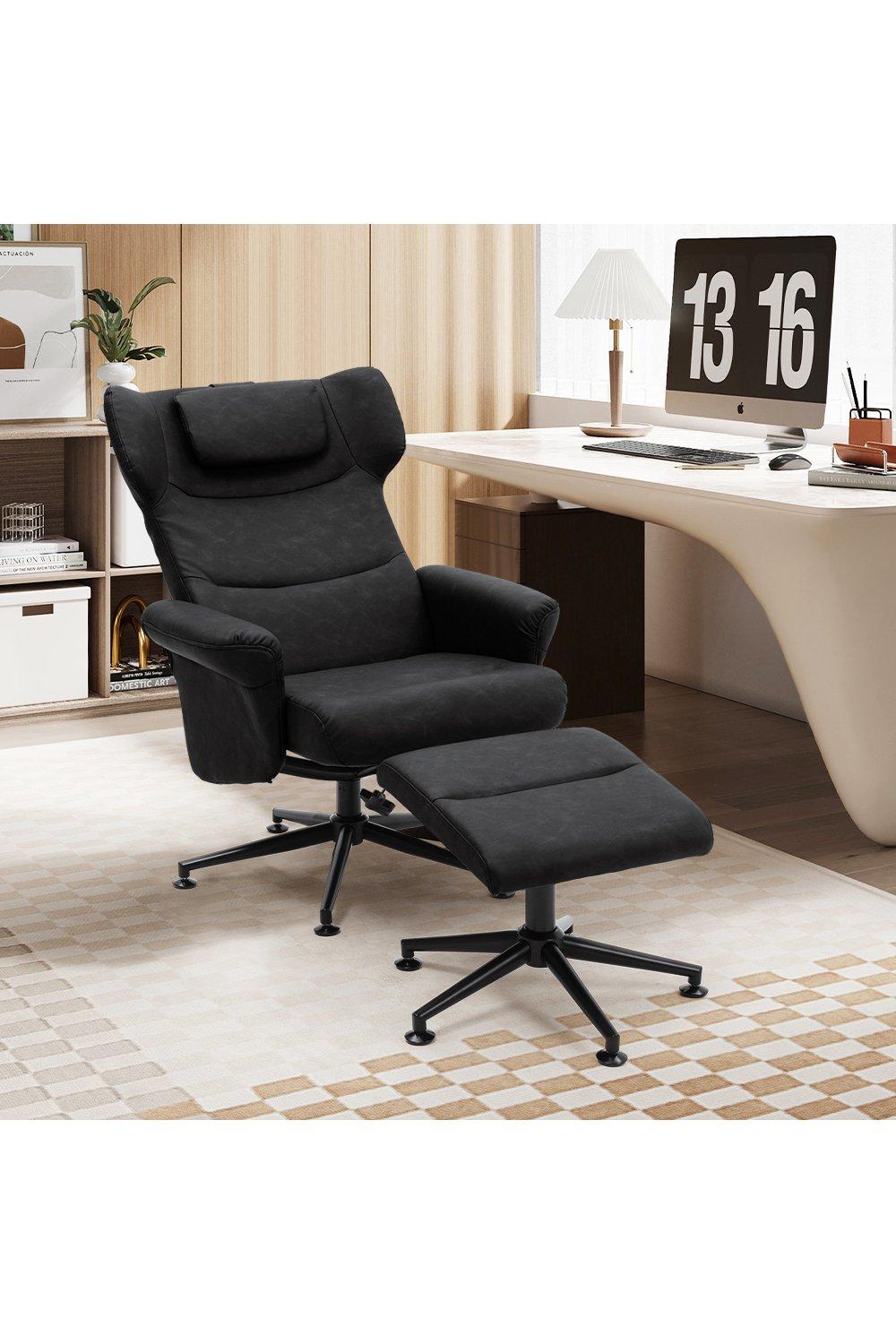 Black Faux Leather Swivel Armchair with Footstool