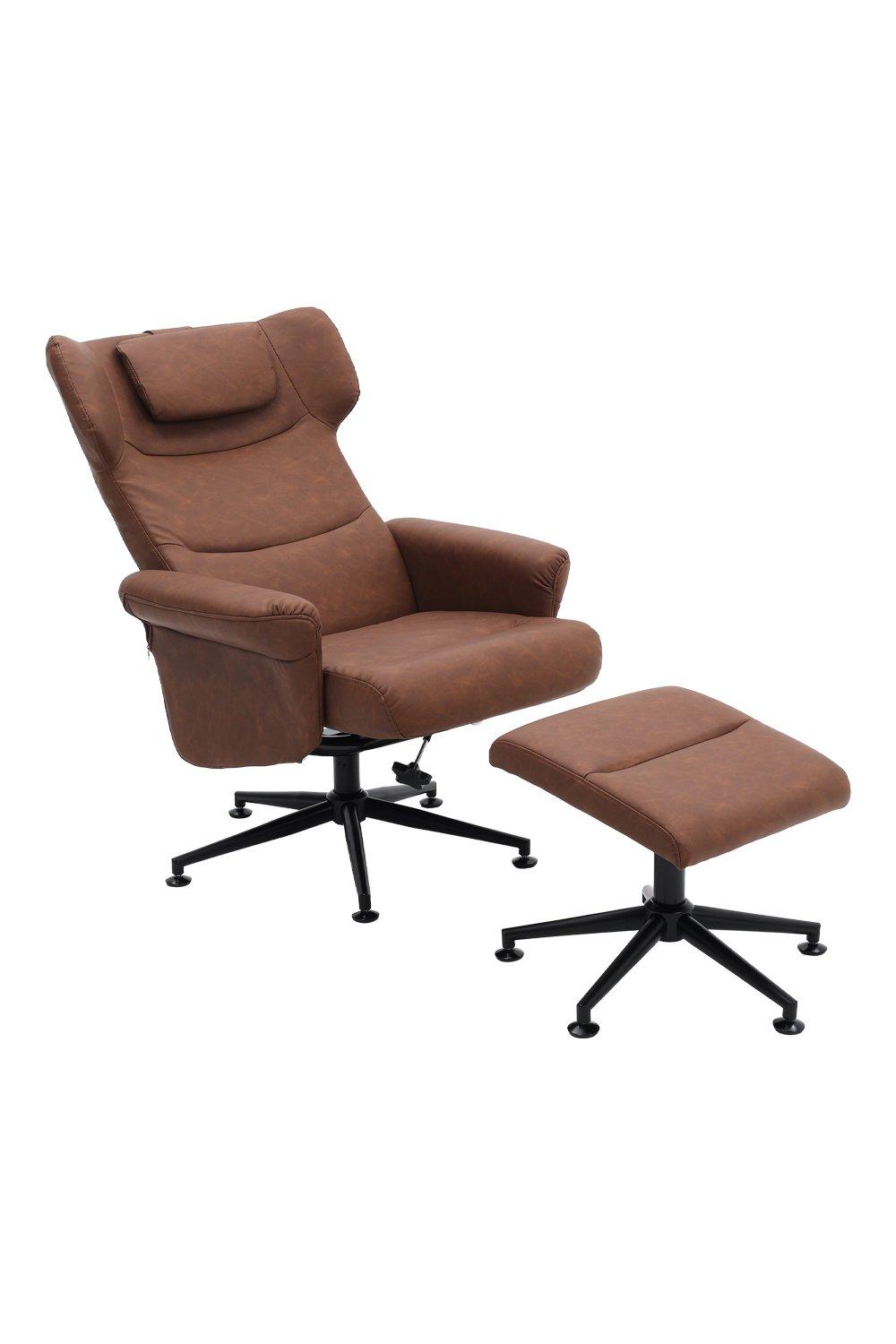 Brown Faux Leather Swivel Armchair with Footstool