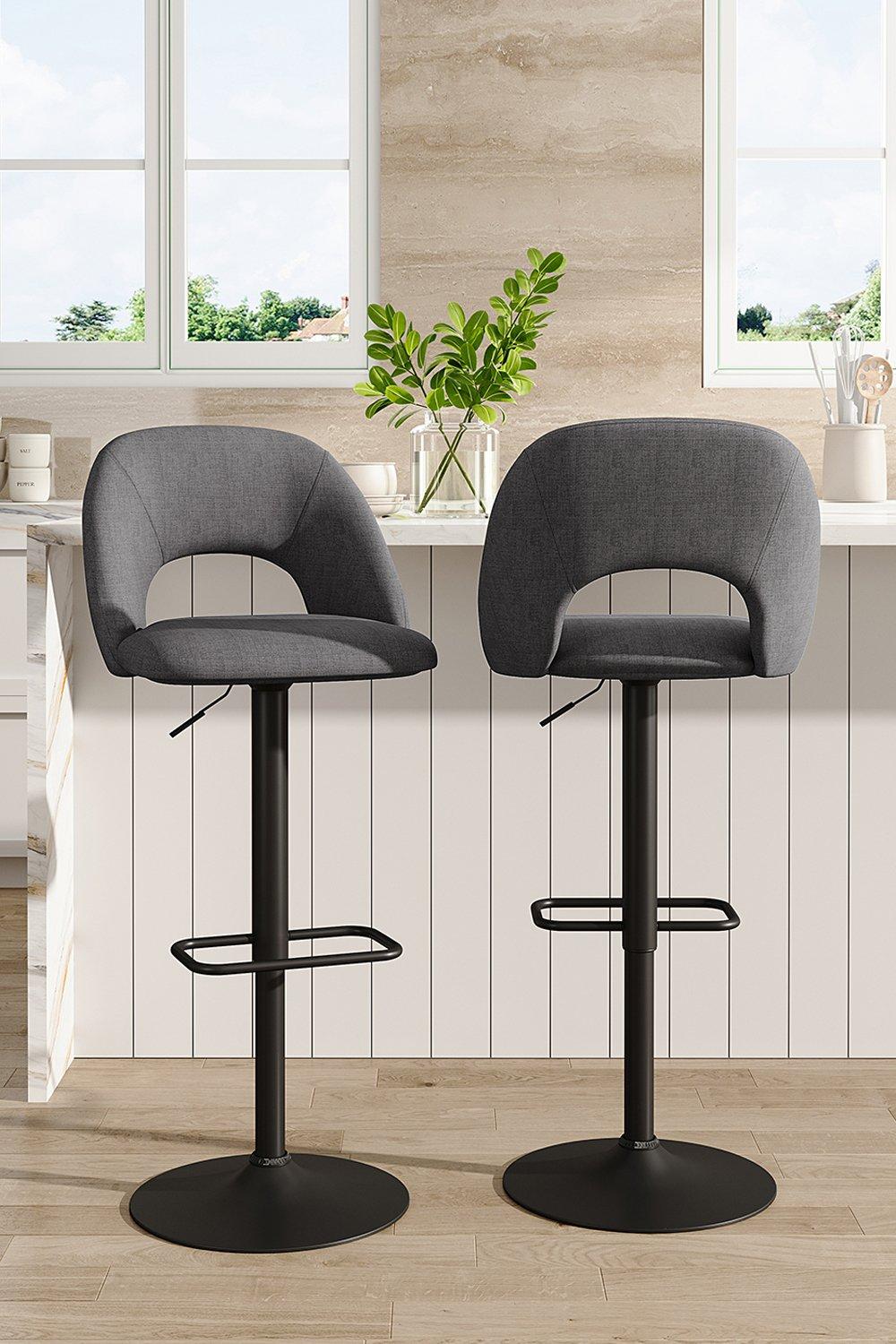 Bar Stools | 2 Set Grey Linen Height Adjustable Swivel Breakfast Bar ...