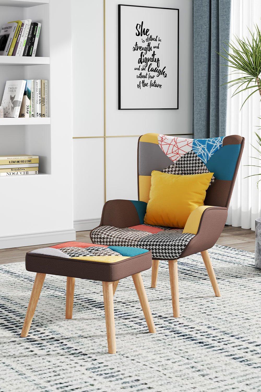 Patchwork Tufted Armchair with Cushion and Footstool
