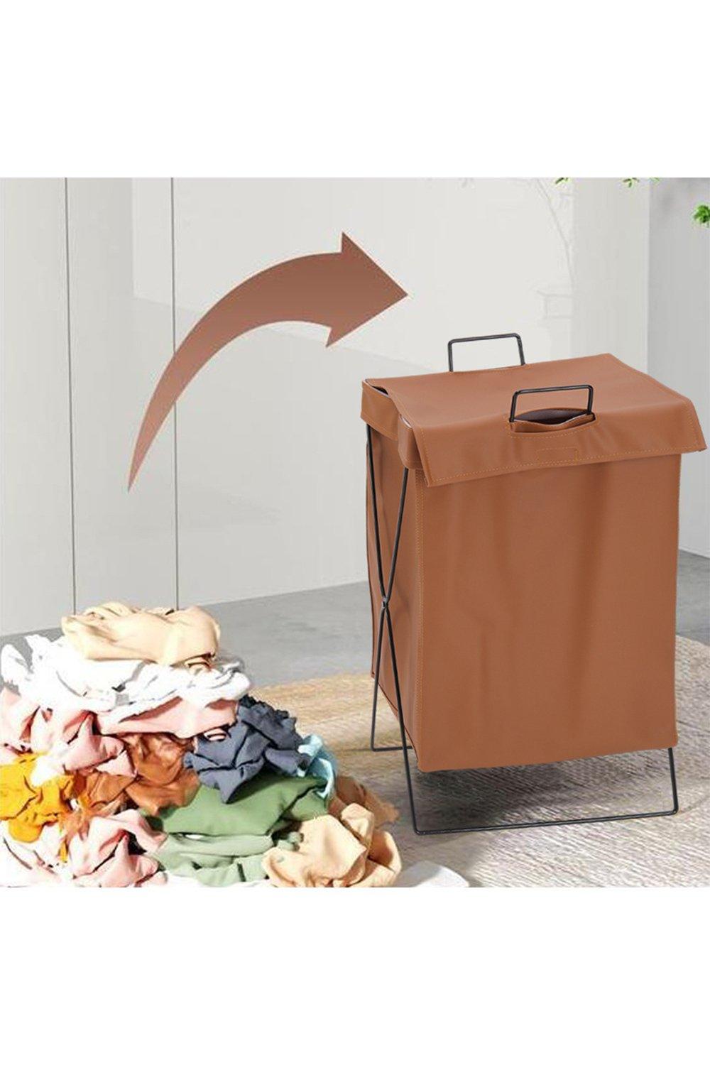Collapsible PU Leather Laundry Hamper with Metal Frame