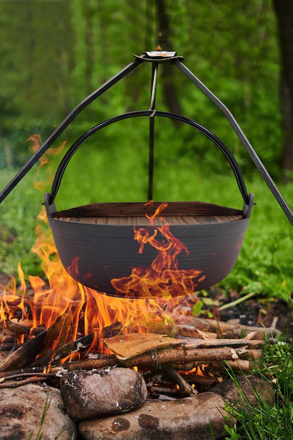 3L Cast Iron Pot with Wooden Lid for Campfire Cooking (27cm D 9.3cm H)