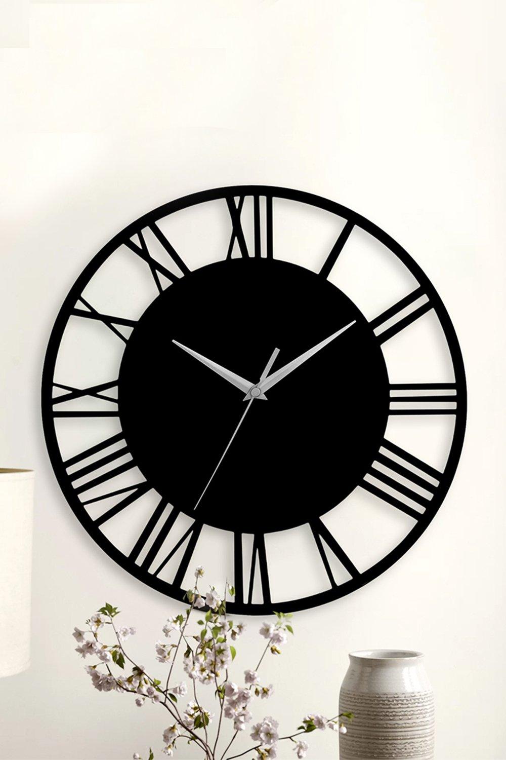 30 cm Dia Black Round Wooden Roman Numeral Wall Clock with Silver Needle
