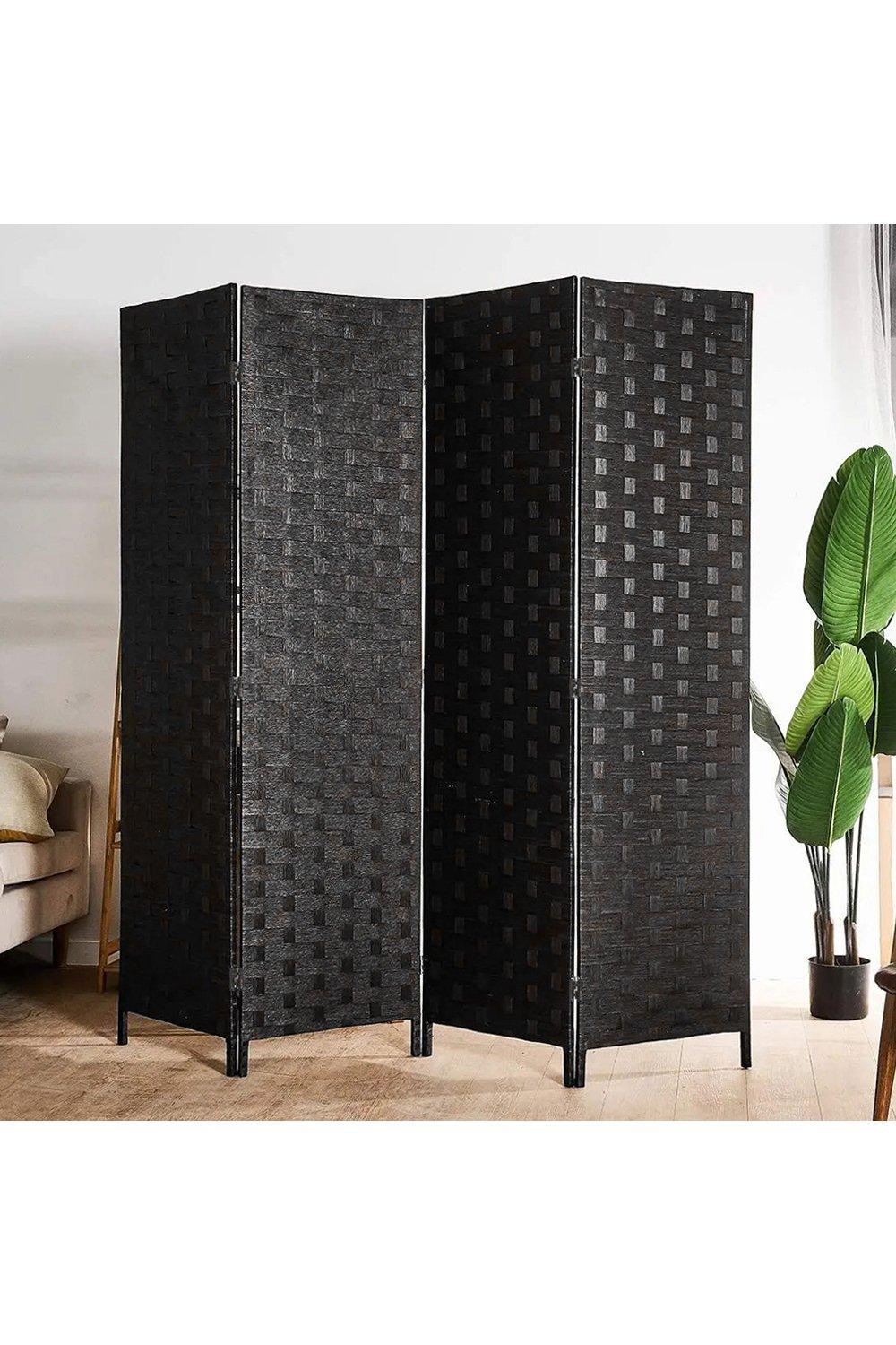 4-Panel Black Woven Fiber Folding Room Divider