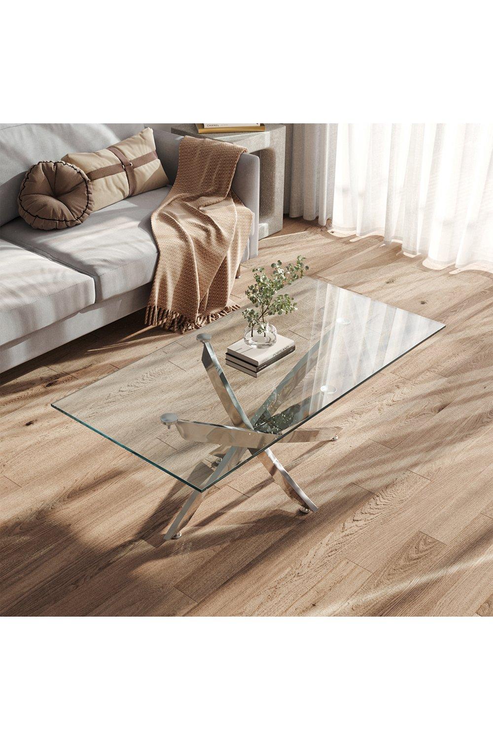 120 cm W x 60 cm D Rectangle Clear Tempered Glass Top Coffee Table with Chrome Legs