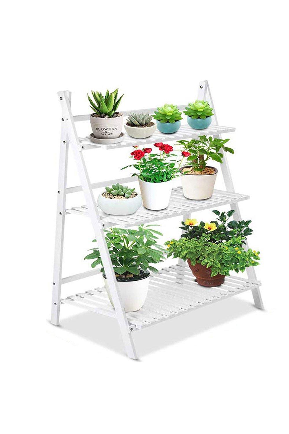 3-Tier White Foldable Wooden Ladder Plant Shelf