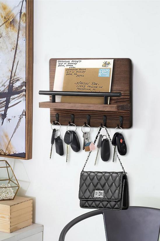 H&O Direct Rustic Wood Floating Shelf with 5 Hooks Decorative Display Key Hanger 1