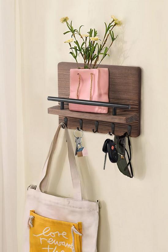 H&O Direct Rustic Wood Floating Shelf with 5 Hooks Decorative Display Key Hanger 5