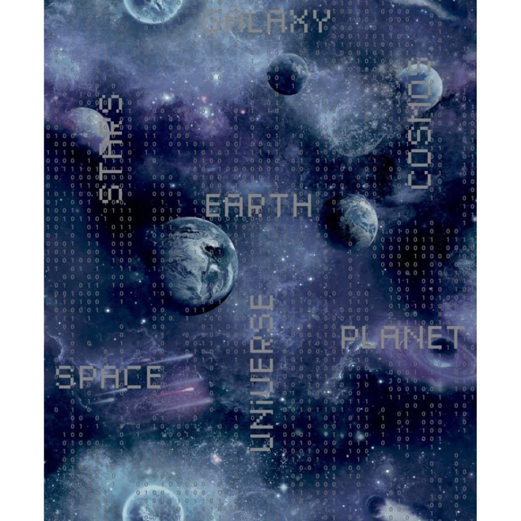 Noordwand Good Vibes Wallpaper Galaxy Planets and Text Black and Purple