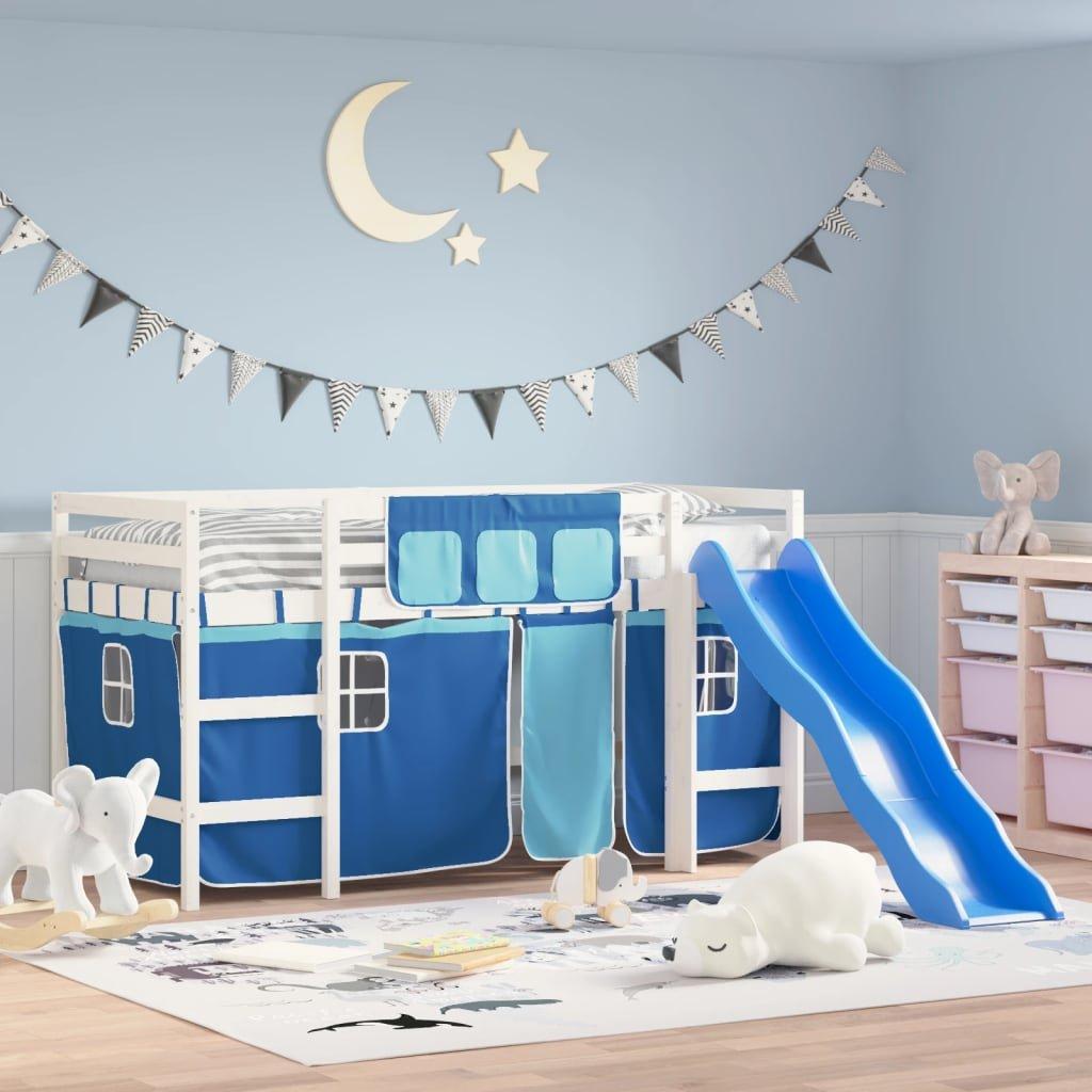 Kids' Loft Bed with Curtains Blue 90x200 cm Solid Wood Pine