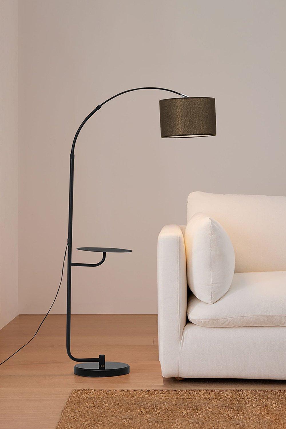 Black Arched Floor Lamp with Metal Tray and Marble Base