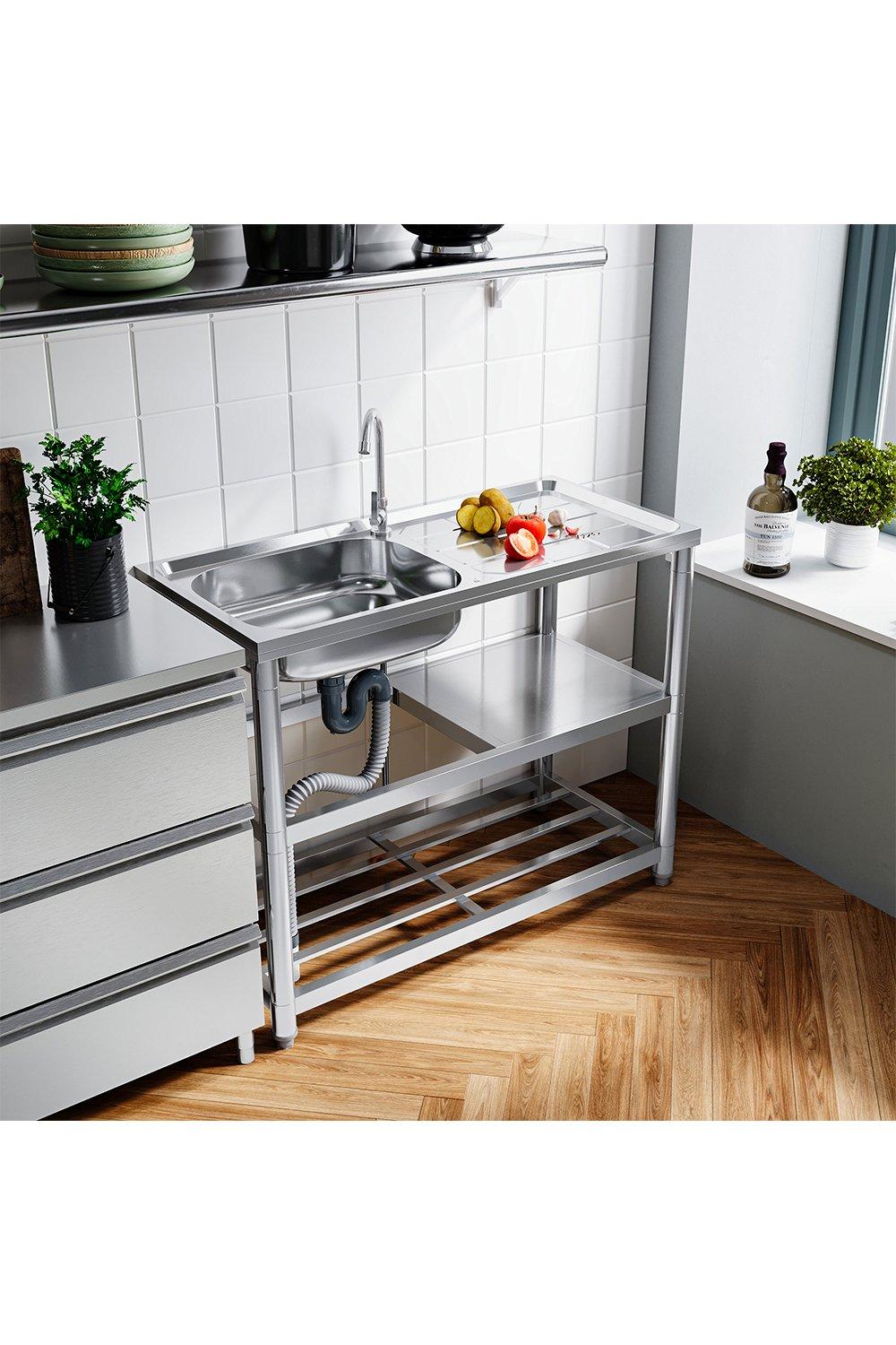 One Compartment Stainless Steel Sink with Shelves and Drainboard