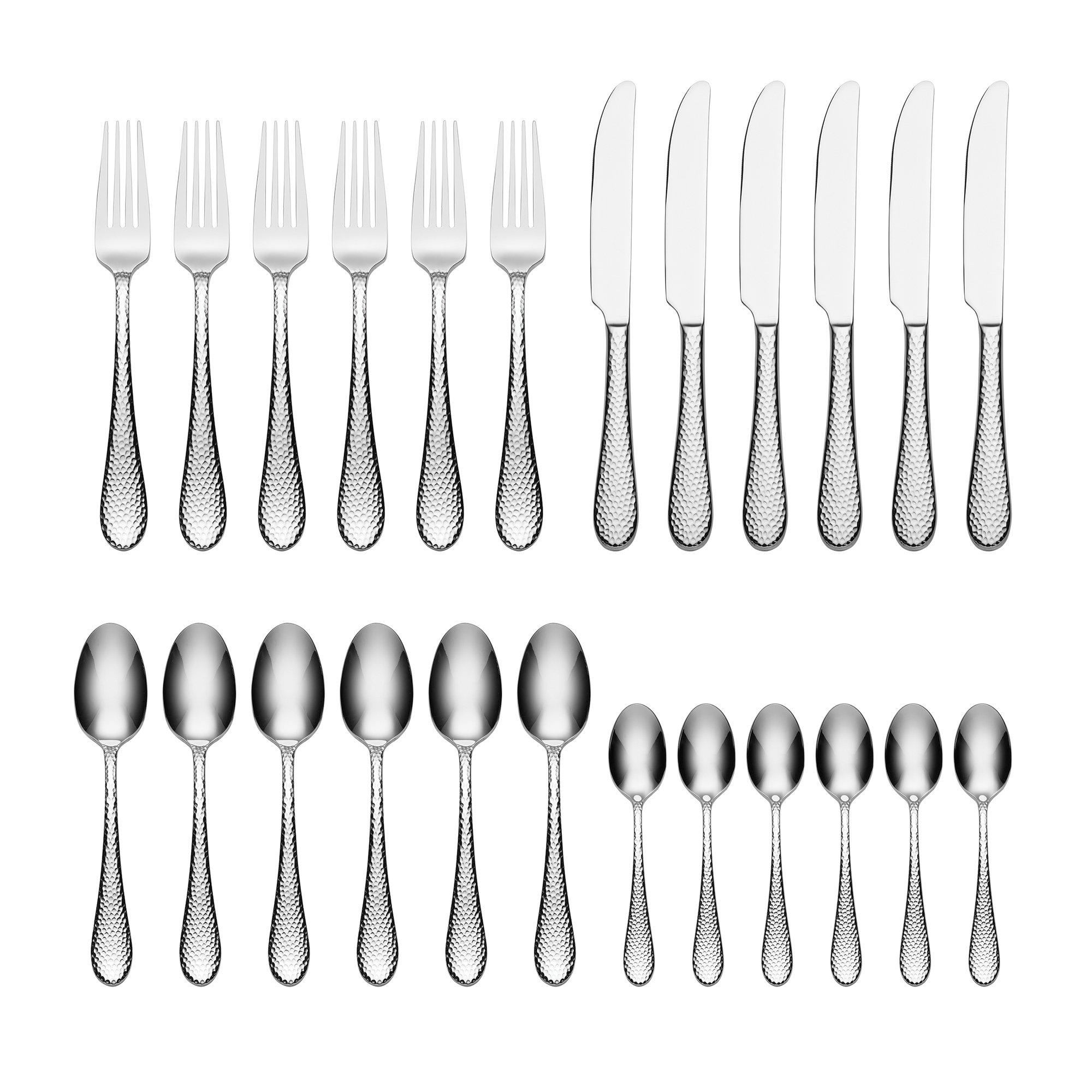 Tibet Hammered Stainless Steel Cutlery Set For 6 People, Dishwasher Safe, Rust Resistant, 24 Piece