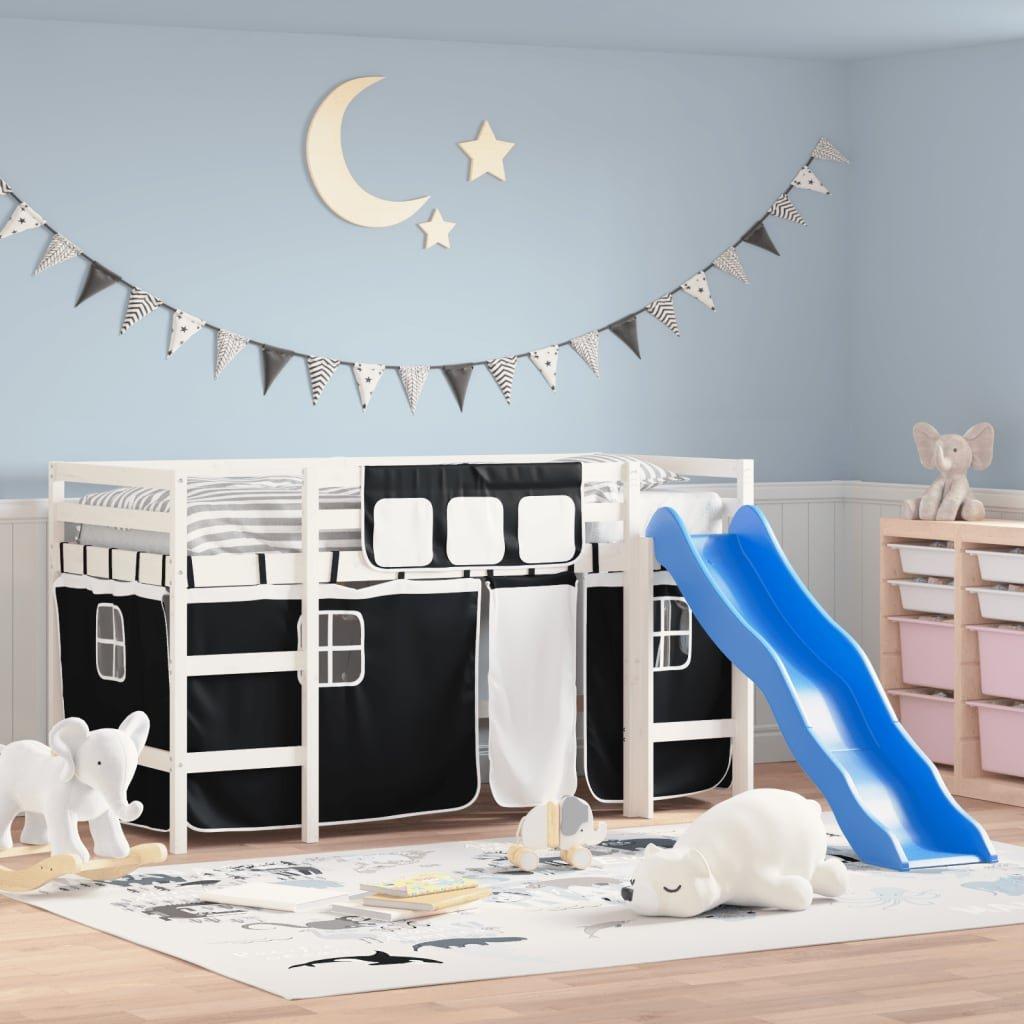 Kids' Loft Bed with Curtains White&Black 90x200cm Solid Wood Pine