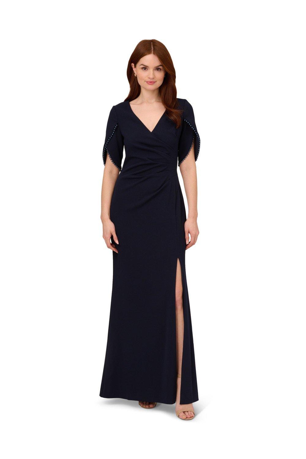 Pearl Trim Knit Crepe Gown