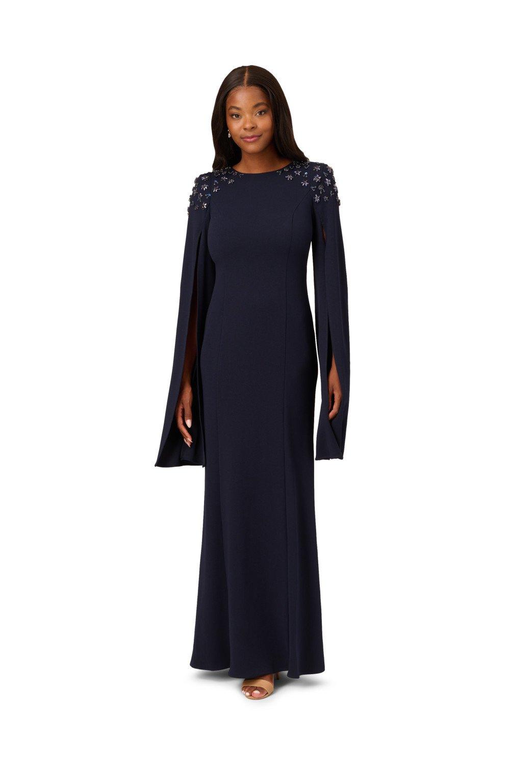 crepe beaded cape sleeve gown