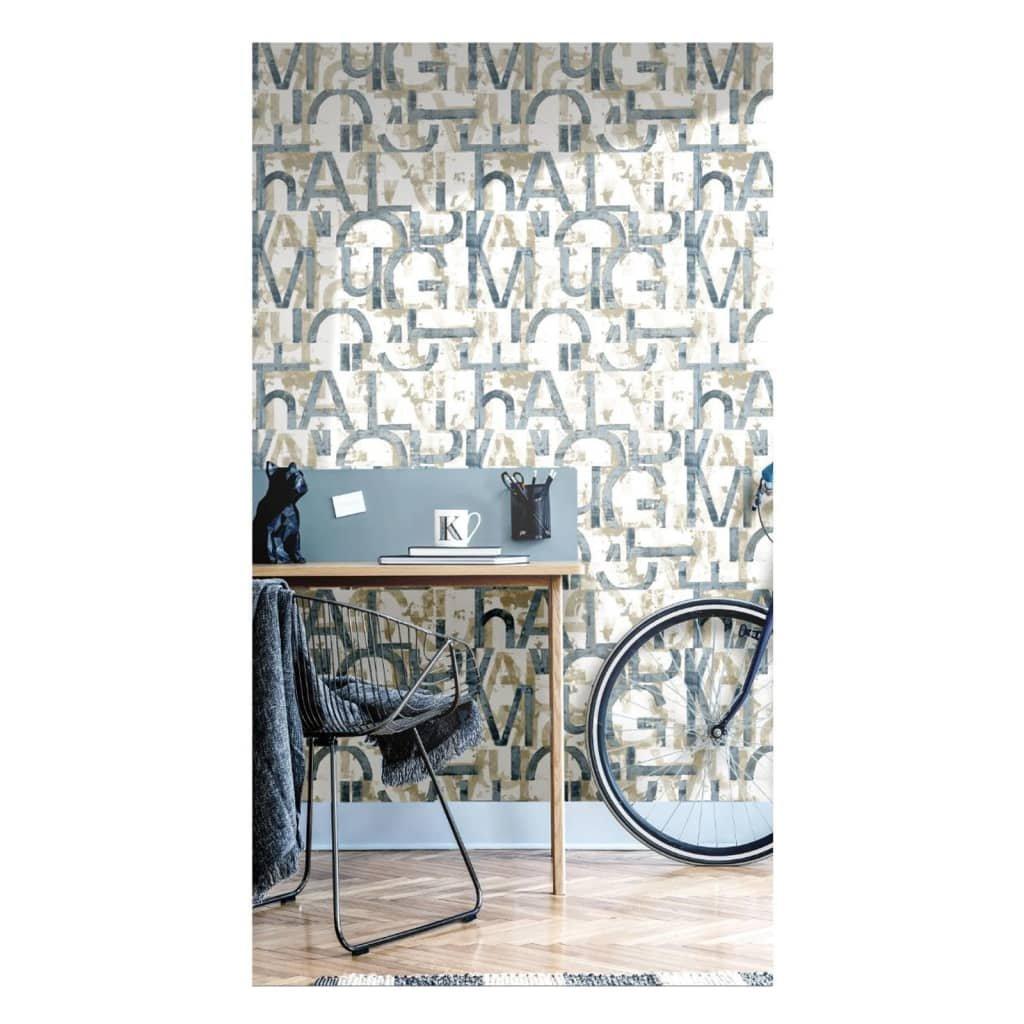 Noordwand Wallpaper Friends & Coffee Words and Letters Blue and Metallic
