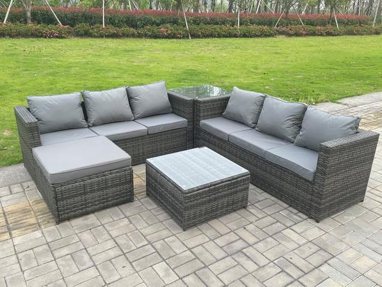 Fimous 7 Seater Dark Mixed Grey Rattan Corner Sofa Outdoor Garden Furniture With 2 Coffee Table Footstool 2