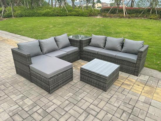 Fimous 7 Seater Dark Mixed Grey Rattan Corner Sofa Outdoor Garden Furniture With 2 Coffee Table Footstool 3