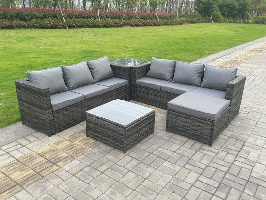 Fimous 7 Seater Dark Mixed Grey Rattan Corner Sofa Outdoor Garden Furniture With 2 Coffee Table Footstool 5