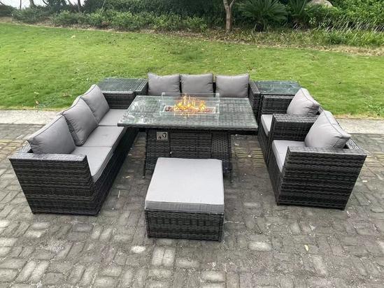 Fimous Outdoor Gas Fire Pit Dining Table Sets Heater Lounge Chairs Side Tables 9 Seater 1