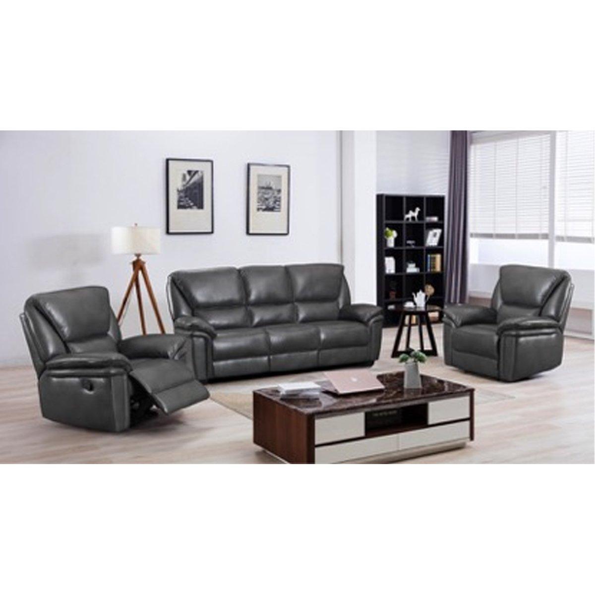 Boston Grey Leather Large 3 Piece Sofa Suite Manual Reclining Armchairs + Static 3 Seater Seater Sof
