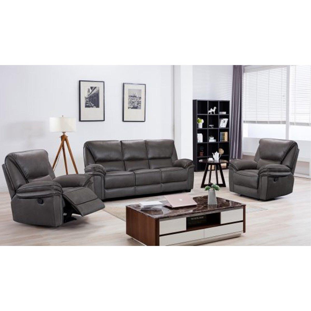 Boston Grey Fabric Large 3 Piece Sofa Suite Manual Reclining Armchairs + Static 3 Seater Seater Sofa