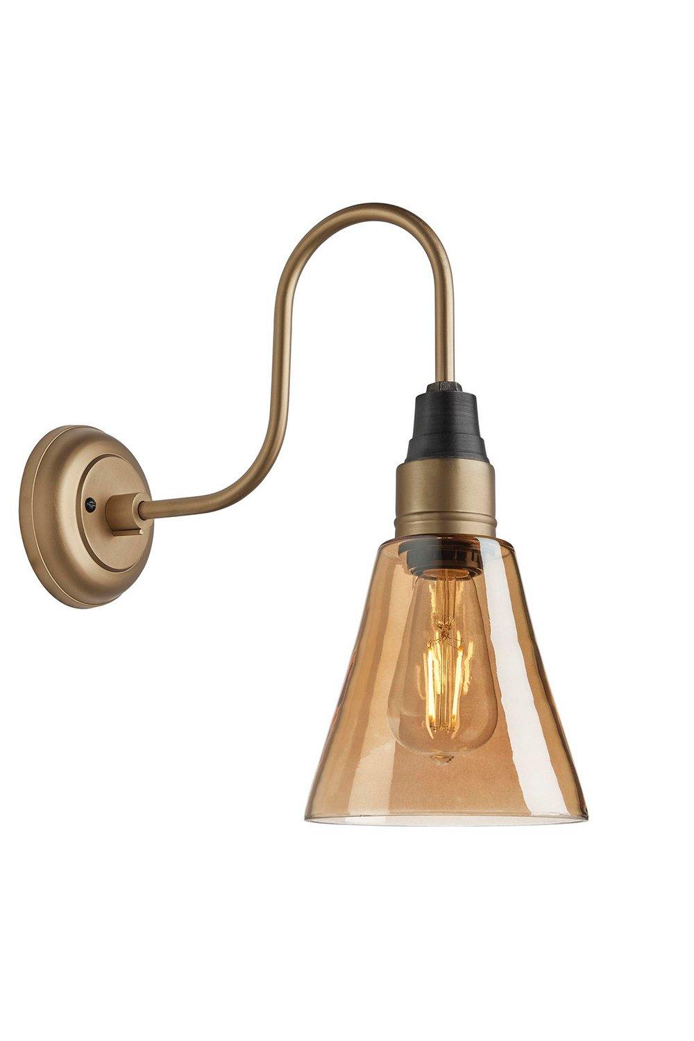 Swan Neck Tinted Glass Flask Wall Light, 6 Inch, Amber, Brass Holder