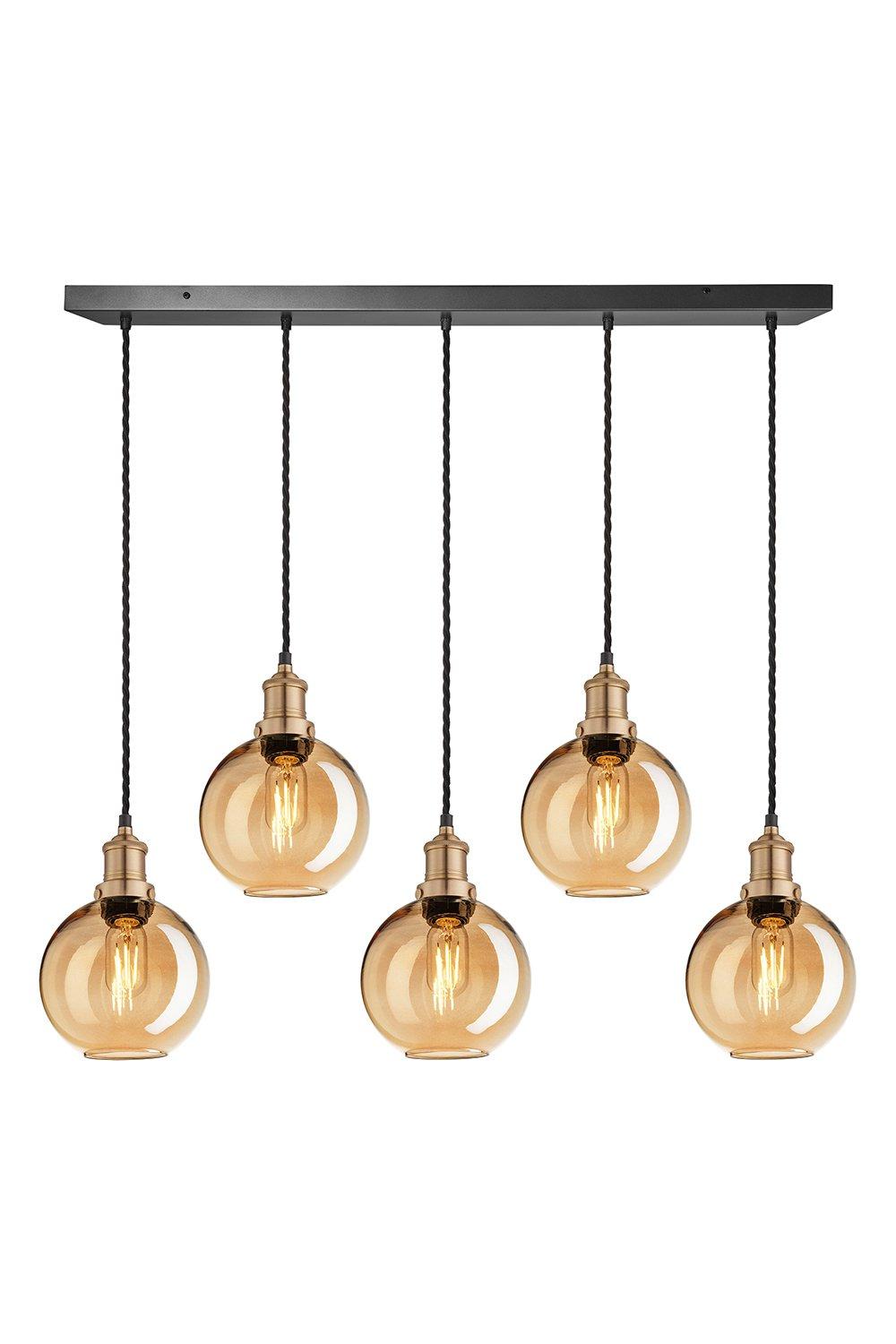 Brooklyn Tinted Glass Globe 5 Wire Cluster Lights, 7 inch, Amber, Brass holder