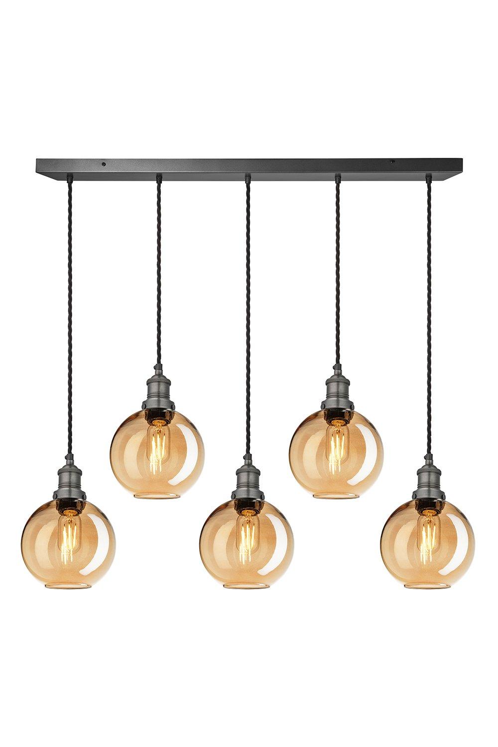 Brooklyn Tinted Glass Globe 5 Wire Cluster Lights, 7 inch, Amber, Pewter holder