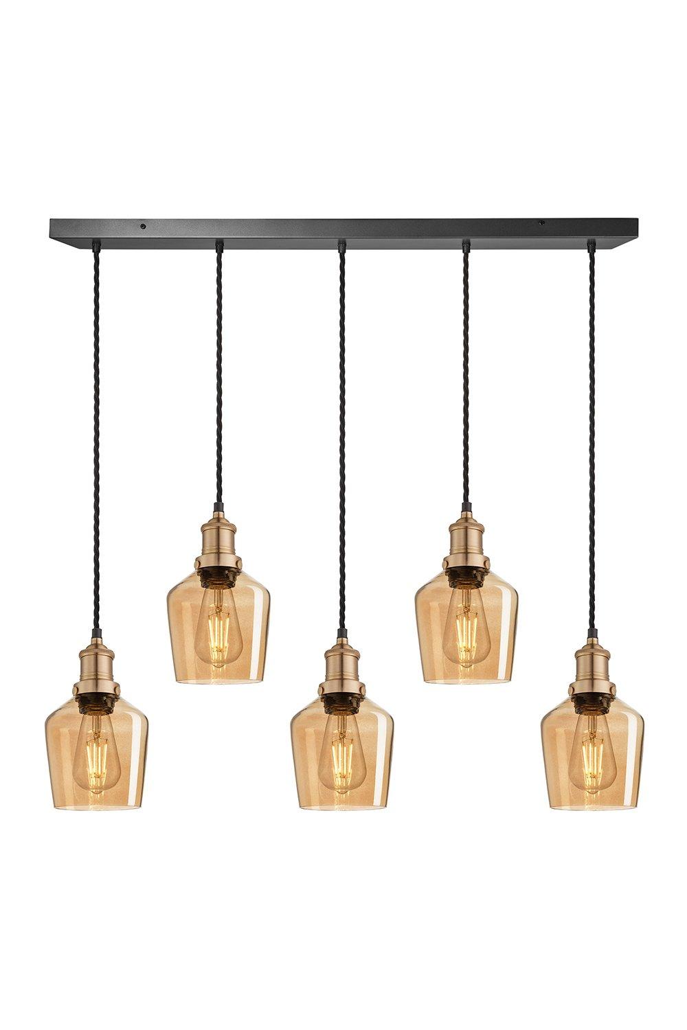 Brooklyn Tinted Glass Schoolhouse 5 Wire Cluster Lights, 5.5 inch, Amber, Brass holder