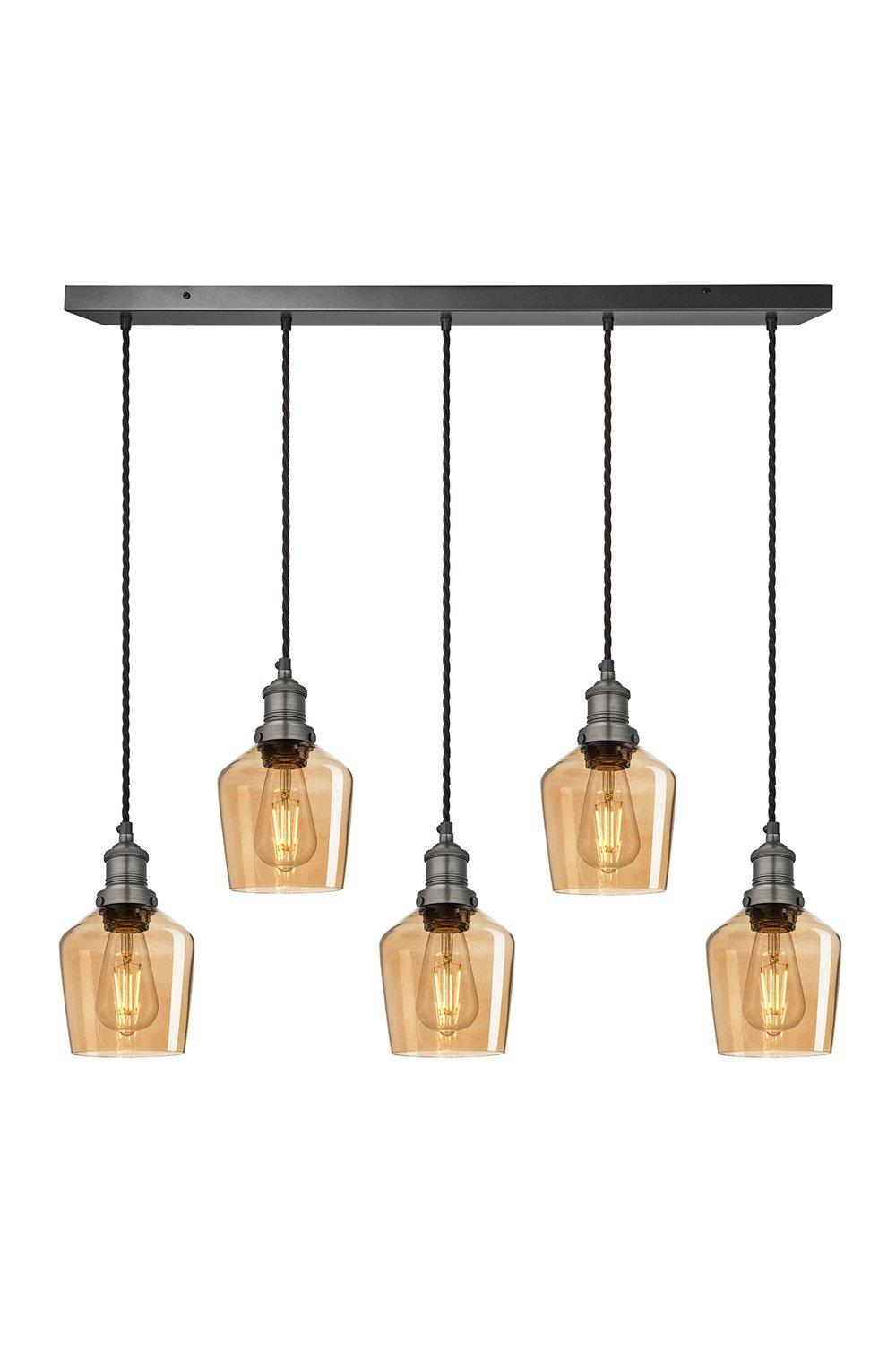 Brooklyn Tinted Glass Schoolhouse 5 Wire Cluster Lights, 5.5 inch, Amber, Pewter holder
