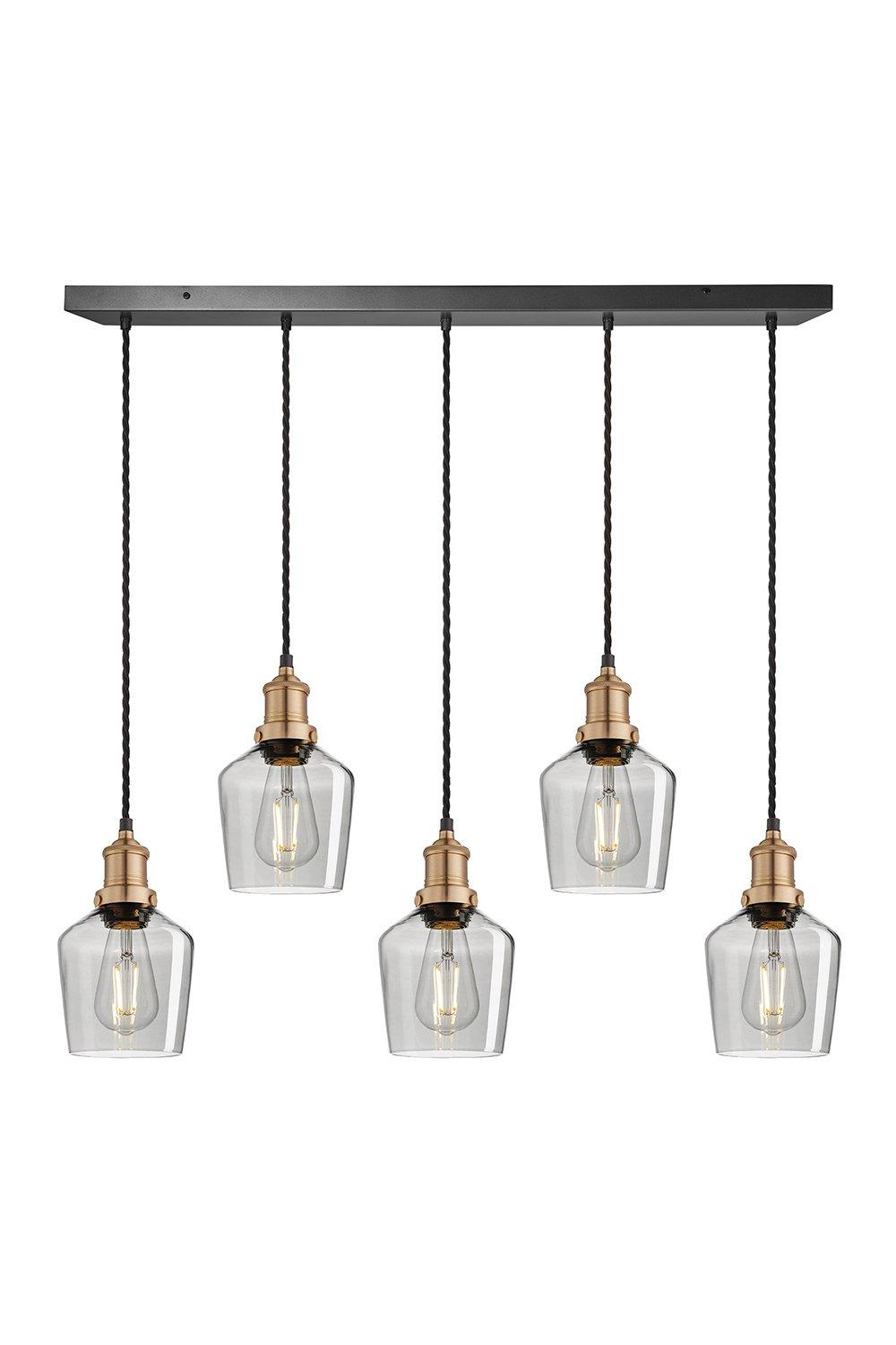 Brooklyn Tinted Glass Schoolhouse 5 Wire Cluster Lights, 5.5 inch, Smoke Grey, Brass holder