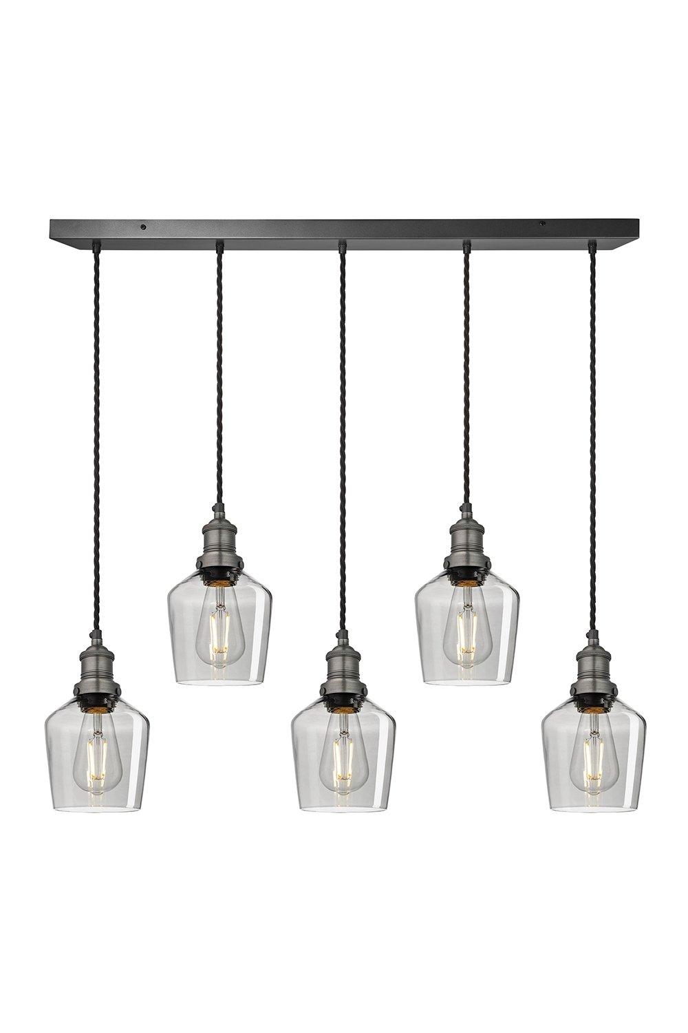 Brooklyn Tinted Glass Schoolhouse 5 Wire Cluster Lights, 5.5 inch, Smoke Grey, Pewter holder