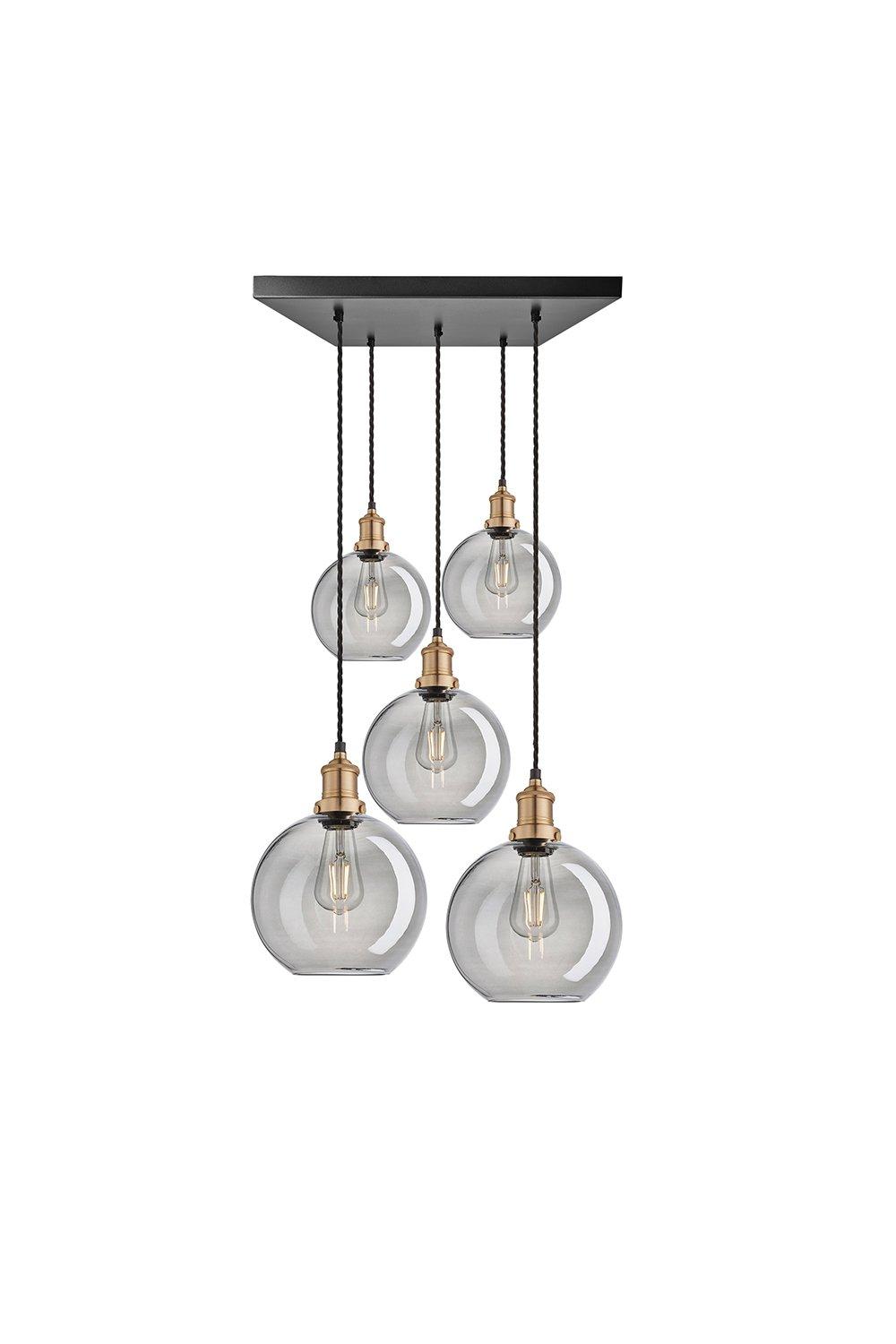 Brooklyn Tinted Glass Globe 5 Wire Square Cluster Lights, 9 inch, Smoke Grey, Brass holder