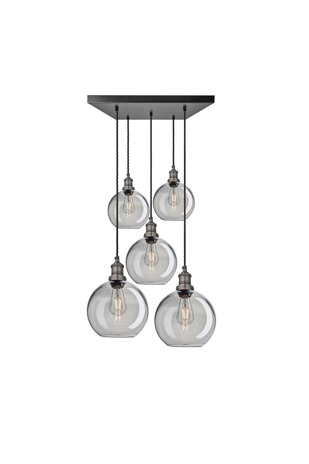 Brooklyn Tinted Glass Globe 5 Wire Square Cluster Lights, 9 inch, Smoke Grey, Pewter holder
