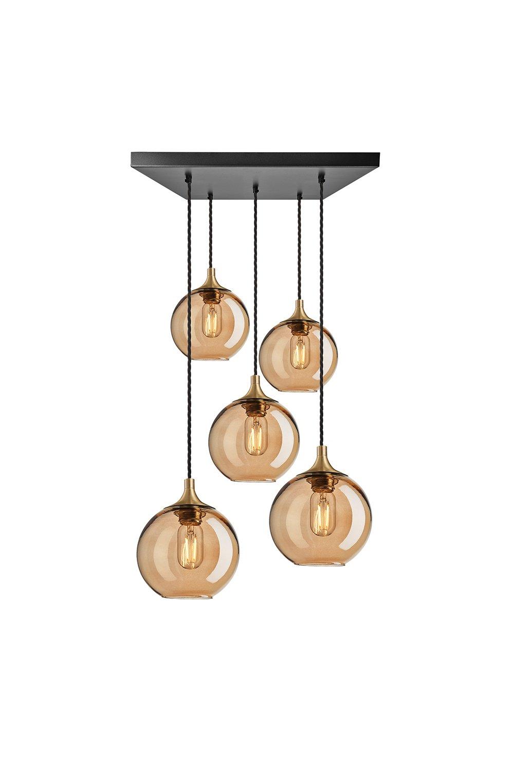 Chelsea Tinted Glass Globe 5 Wire Square Cluster Lights, 7 inch, Amber, Brass holder