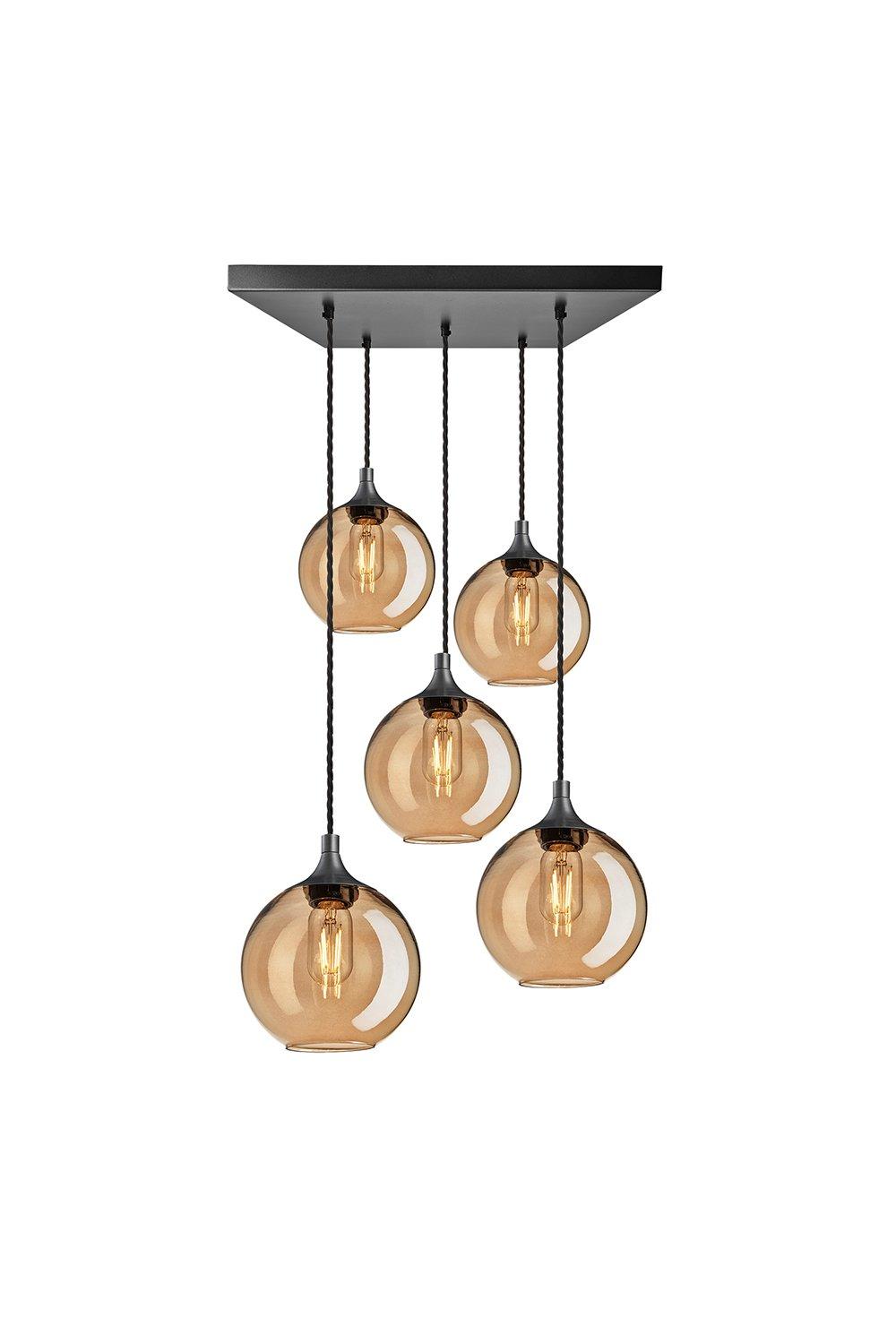 Chelsea Tinted Glass Globe 5 Wire Square Cluster Lights, 7 inch, Amber, Pewter holder