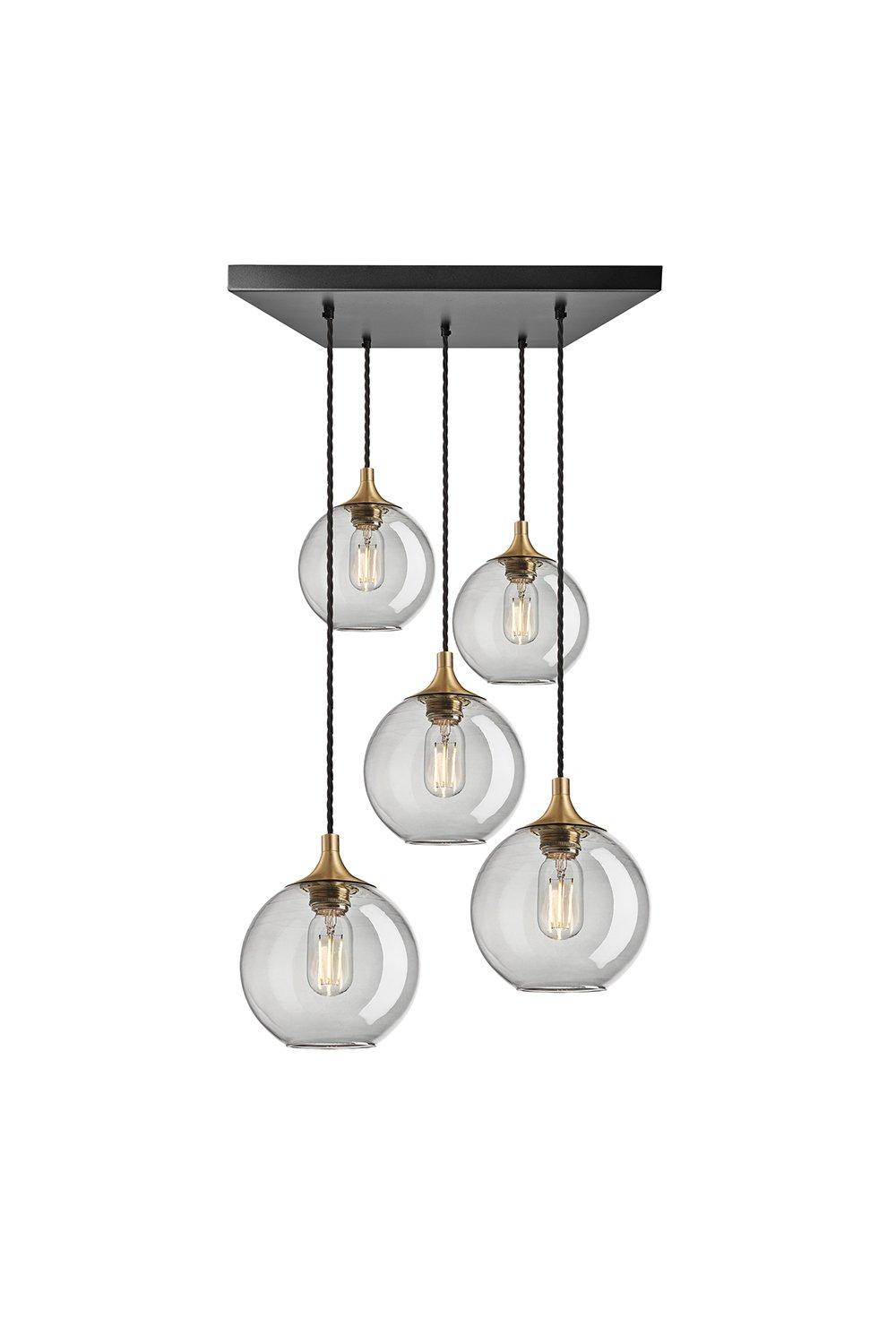 Chelsea Tinted Glass Globe 5 Wire Square Cluster Lights, 7 inch, Smoke Grey, Brass holder