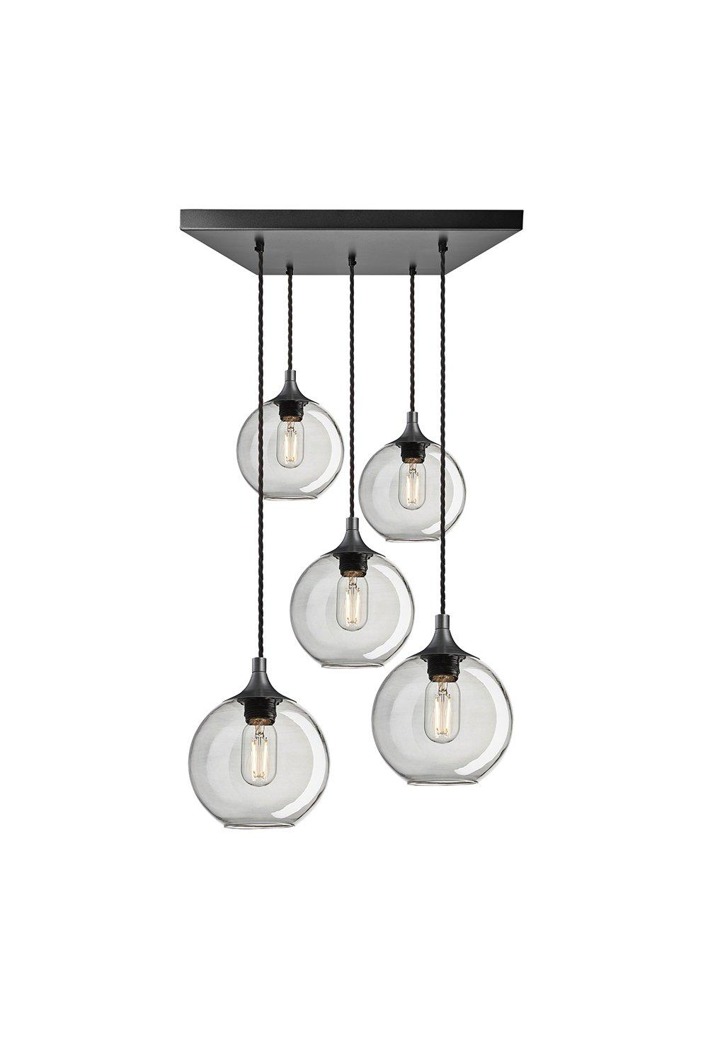 Chelsea Tinted Glass Globe 5 Wire Square Cluster Lights, 7 inch, Smoke Grey, Pewter holder